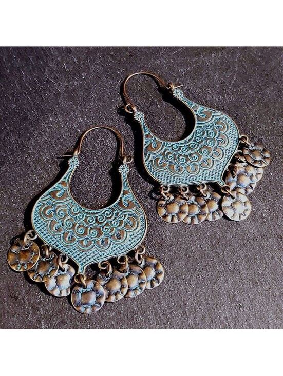 Jewelry - Antique Copper Verdigris Blue Green Patina Moroccan Hammered Rounds Earrings
